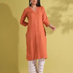 Globus Women Rust Lace Insert V-Neck Striped Woven Design Straight Workwear Kurta-picture-26