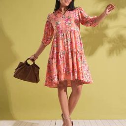 Globus Women Coral Floral Print Shirt Collar Puff Sleeves Tiered Knee Length Fusion Dress-image-3