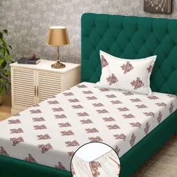 Myntra Elegant Homes Cream-Coloured & Brown Floral 300 TC Single Bedsheet with 1 Pillow Covers-54