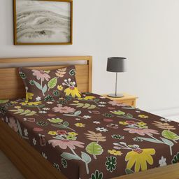 Myntra Elegant Homes Brown & Pink Floral Printed 300 TC Single Bedsheet Set-image-91