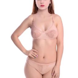 AROUSY Beige Self Pattern Bra Panty Set-picture-3