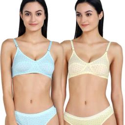 AROUSY Blue & Yellow Cotton Printed Bra Panty Set - Pack Of 2-image-85