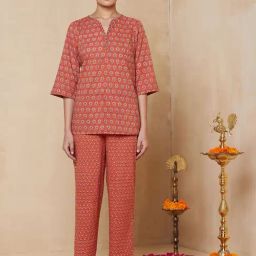 Fabindia Red Cotton Printeded Kurti Pyjama Set-image-69