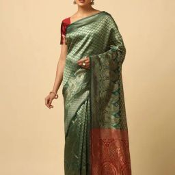Satrani Gold & Green Woven Saree With Unstitched Blouse-picture-14
