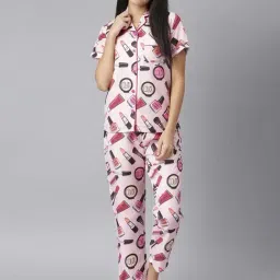 StyleStone Pink Lipstick Print Shirt With Pyjamas-image-86