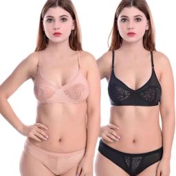 AROUSY Beige & Black Self Pattern Bra Panty Set - Pack Of 2-image-81
