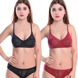 AROUSY Red & Black Self Pattern Bra Panty Set - Pack Of 2-image-71