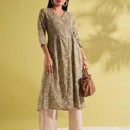 Globus Women Green V-Neck Allover Floral Print Front Slit Pleated A-Line Workwear Kurta-picture-44