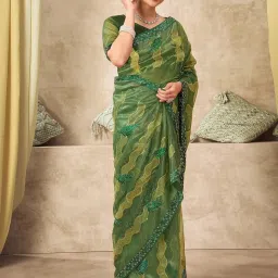 Satrani Green Net Embroidered Saree With Unstitched Blouse image 4