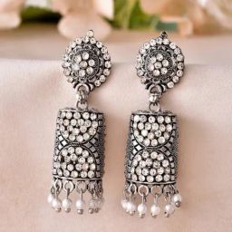 VOJ Silver Adjustable Stone Studded Jhumki Earrings-image-75