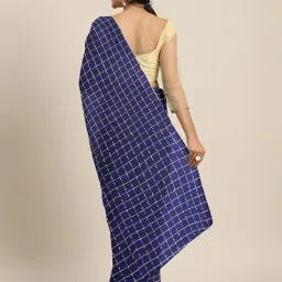 LADUSAA Navy Chequered Saree With Unstitched Blouse image 2