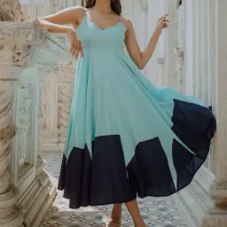Okhai Sea Blue Pure Cotton A-Line Dress-image-7