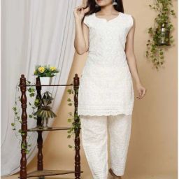 Miravan Off-White Cotton Embroidered Straight Kurti-image-8