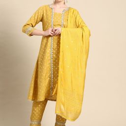 Sangria Ethnic Motifs Printed Gotta Patti Pure Cotton Kurta with Trousers &  Dupatta-image-46