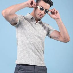 Crimsoune Club Beige Blended Slim Fit Self Design Polo T-Shirt-image-94