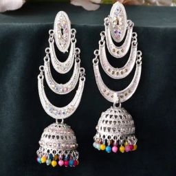VOJ White Adjustable Oxidized Mult Layer Chand Bali Earrings-44