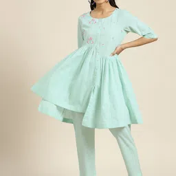 Sangria Women Turquoise Blue Floral Embroidered Kurta with Palazzos-17