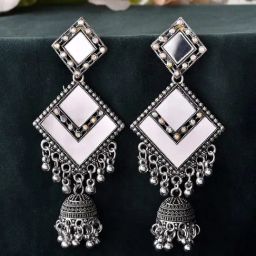 VOJ Silver Adjustable Mirror Studded Square Shaped Drop Earrings-image-78