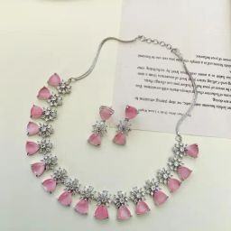 Abdesigns Enchanting Silver Plated American Diamond Necklace Set-image-56