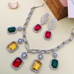 Abdesigns Enchanting Silver Plated American Diamond Necklace-11