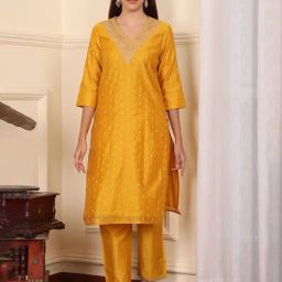 W Yellow Embroidered Straight Kurta-image-67