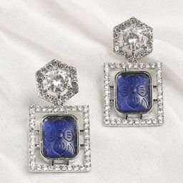 Oomph Deep Blue Engraved Jaipur Stone American Diamond Indo Western Dangler Earrings-44