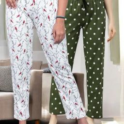 Kryptic Off White & Green Cotton Relaxed Fit Printed Lounge Pants - Pack of 2-image-12