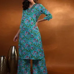 DIZON Floral Printed V-Neck Straight Kurta With Palazzos-picture-28