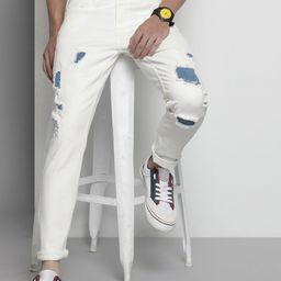The Indian Garage Co Men White Slim Fit Low Distress Applique Stretchable Jeans-image-44