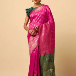 Satrani Rani Pink & Golden Woven Saree With Unstitched Blouse-picture-2