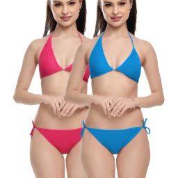 FIMS Pink & Turquoise Plain Bra Panty Sets - Pack Of 2-image-46