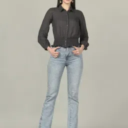 SELVIA Dark Grey Cotton Regular Fit Cropped Shirt-image-50