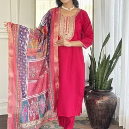 Ekta Textiles Women Floral Embroidered Regular Thread Work Chanderi Silk Kurti with Pyjamas & With Dupatta-picture-15