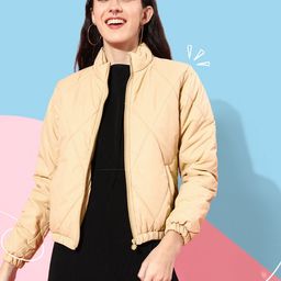 HERE&NOW Women Beige Solid Quilted Jacket-image-25