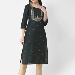 Span Dark Green Embroidered Straight Kurta-picture-21