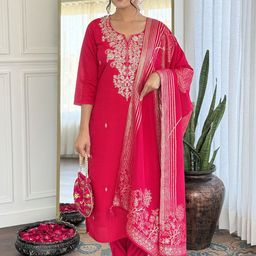KALINI Ethnic Motifs Embroidered Straight Thread Work Kurta With Trousers & Dupatta-image-27