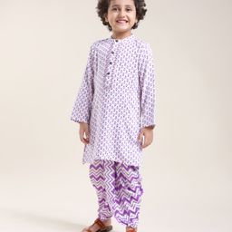 Babyhug Cotton Full Sleeves Kurta With Dhoti Floral Print & Embroidery - White & Purple-image-22