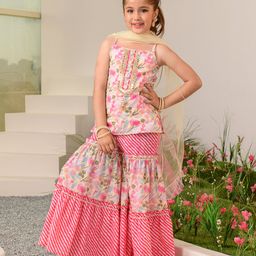 Pspeaches Sleeveless Floral Printed Lace Detailed Kurta Sharara With Dupatta - Baby Pink-image-56
