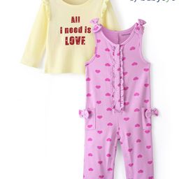 Babyoye Eco Conscious 100% Cotton Heart Printed Dungaree with Full Sleeves Inner Tee - Lilac & Cream-image-8
