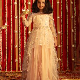 Vastramay Three Fourth Sleeves Ready To Wear Floral Designed Sequin Embellished Choli With Attached Flared Net & Lehenga  - Peach-image-45