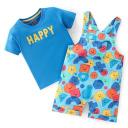 Babyhug 100% Cotton Single Jersey Knit Smiley Printed Dungaree and Half Sleeves T-Shirt Set - Multicolour-image-41