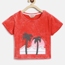 Tales & Stories Cotton Half Sleeves Beach Theme Printed & Embroidered Tee - Orange-picture-17