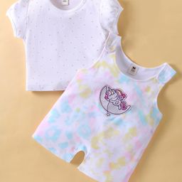 ToffyHouse Dungaree Style Romper with Half Sleeves T-Shirt Star Print & Unicorn Patch - Multicolor-image-4