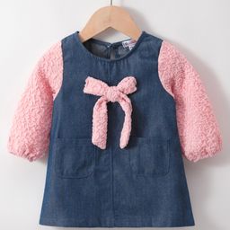 Kookie Kids Full Sleeves Winter Frock With Bow Applique - Blue-picture-38
