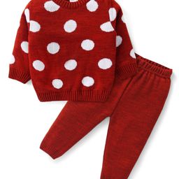 Babyhug Knit Full Sleeves Sweater Set with Polka Dot Design -Red-image-73