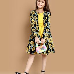 Little Marine Full Sleeves Sunflower Printed Shrug With Solid Dress - Yellow-image-69