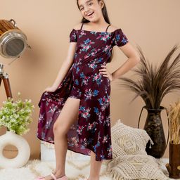 Kids Cave Cold Shoulder Floral Printed Mock Flared Jumpsuit - Purple-image-88