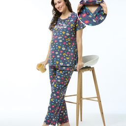 Bella Mama Cotton Knit Short Sleeves Nursing Night Suit Floral Print- Charcoal Grey-image-6