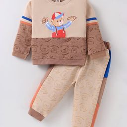 ToffyHouse Knit Full Sleeves T-Shirt & Lounge Pant Set With Bear Print - Light Brown-image-73