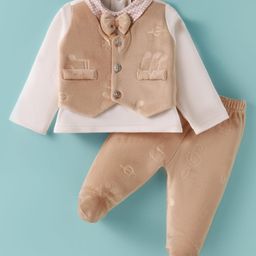 ToffyHouse Knit Full Sleeves T-Shirt & Trouser With Bow Applique & Music Notes Print - Tan-image-93